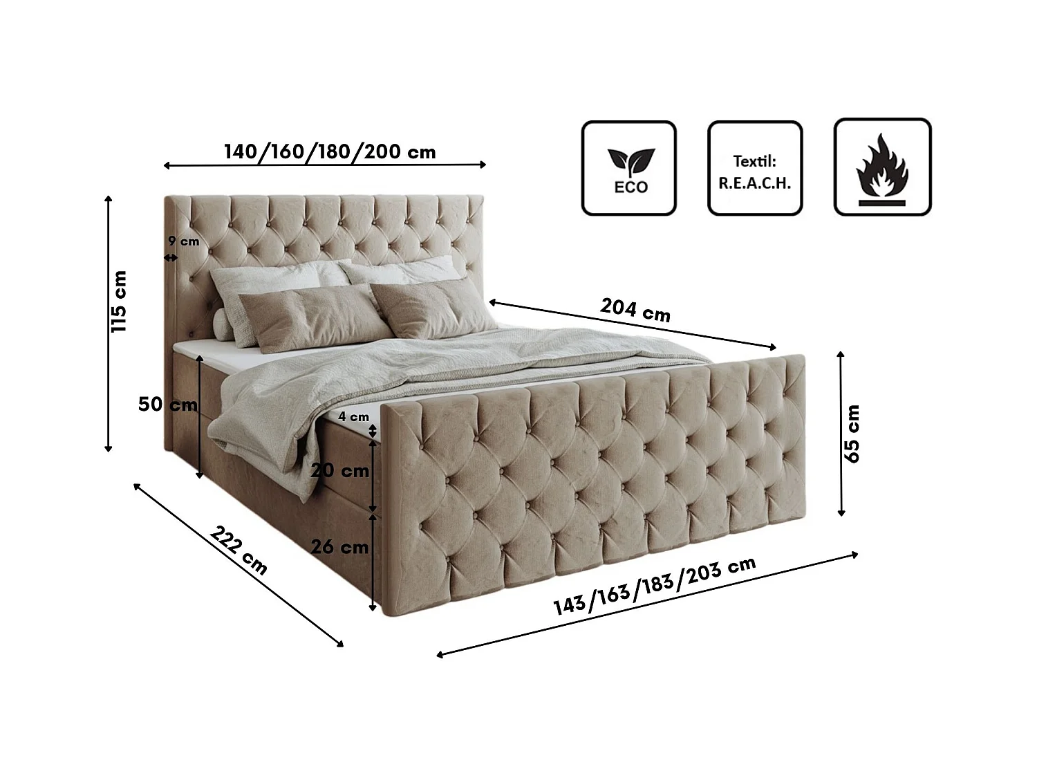 Lit continental Mars avec sommier tissu Riviera Biscuit 200x200 cm