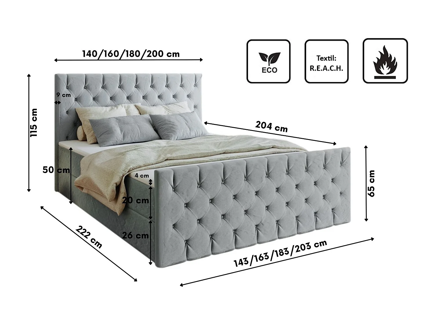 Lit continental Mars avec sommier tissu Riviera Silver 180x200 cm