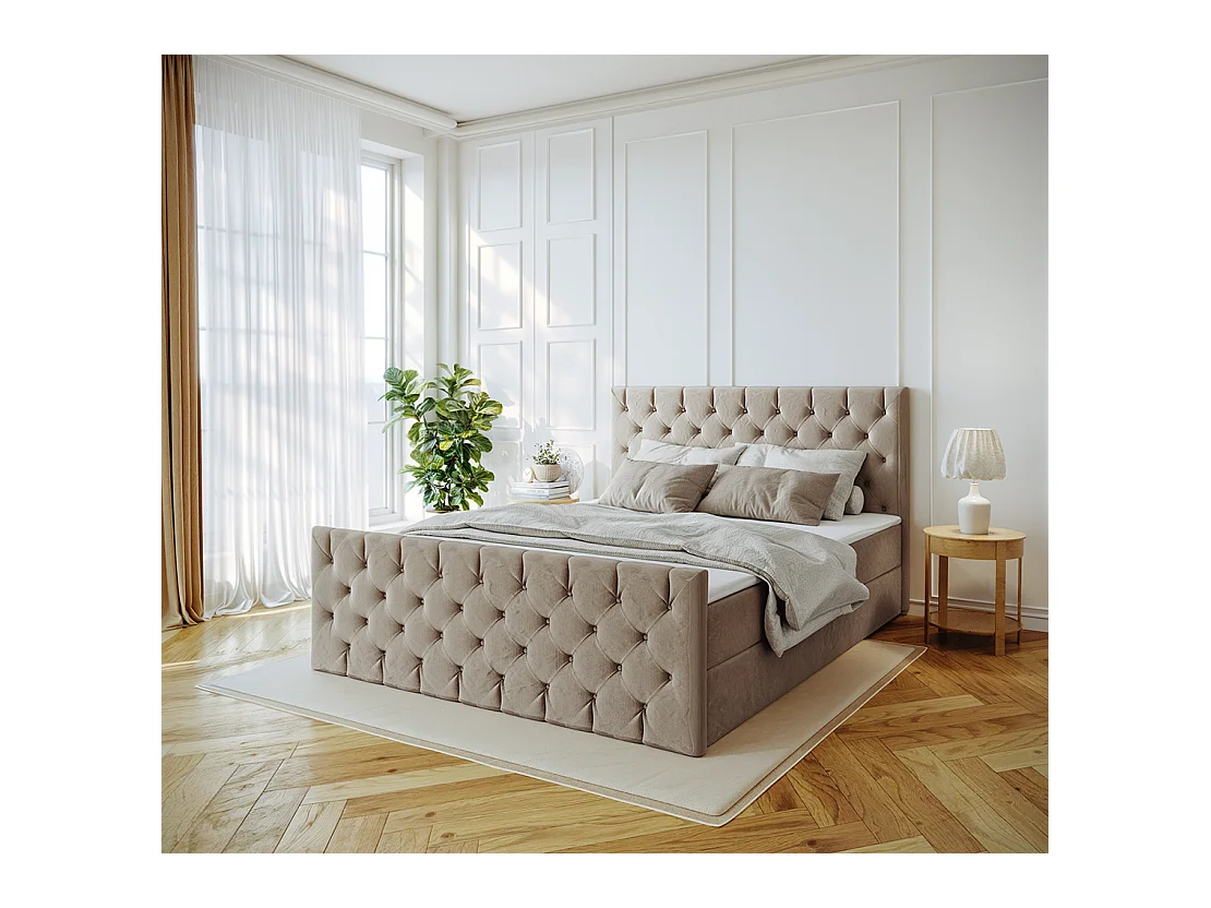 Lit continental Mars avec sommier tissu Riviera Biscuit 180x200 cm