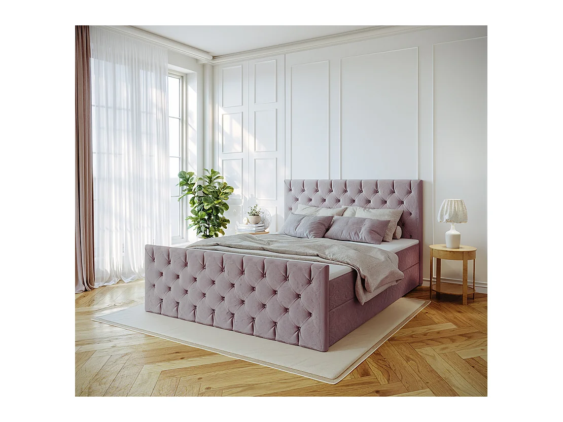 Lit continental Mars avec sommier tissu Riviera Lilas 200x200 cm