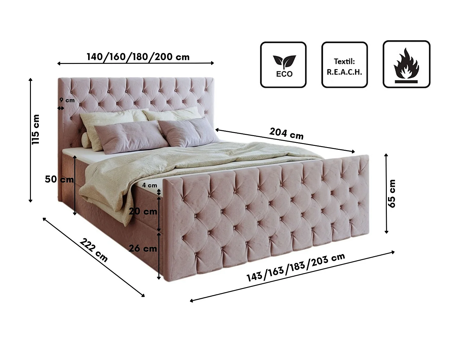 Lit continental Mars avec sommier tissu Riviera Lilas 200x200 cm