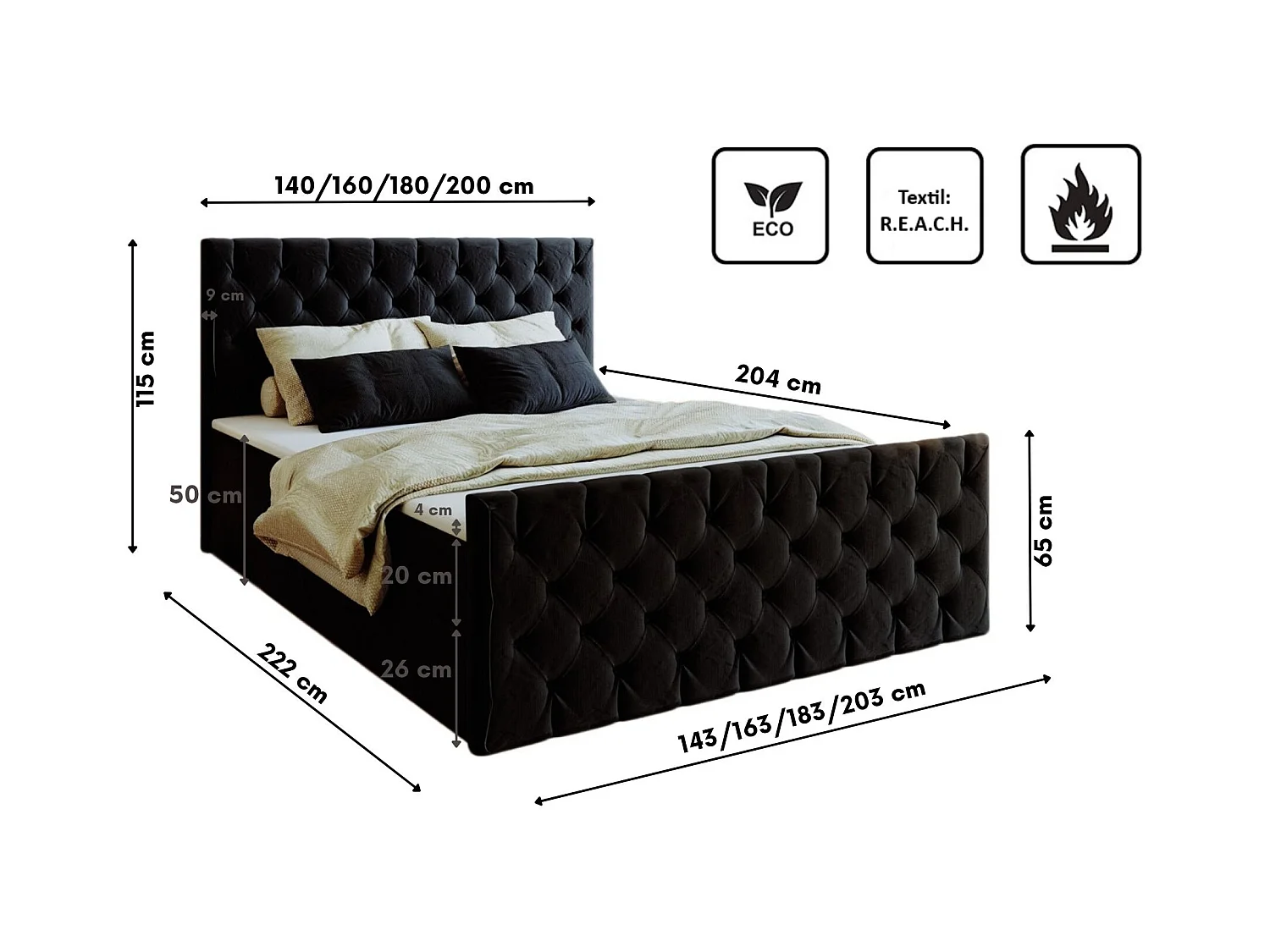 Lit continental Mars avec sommier tissu Riviera Noir 140x200 cm