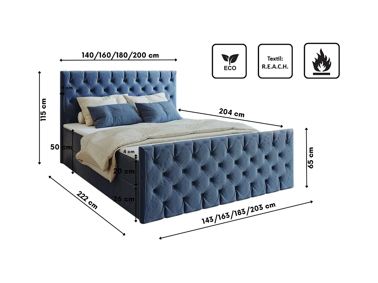 Lit continental Mars avec sommier tissu Riviera Blue 140x200 cm