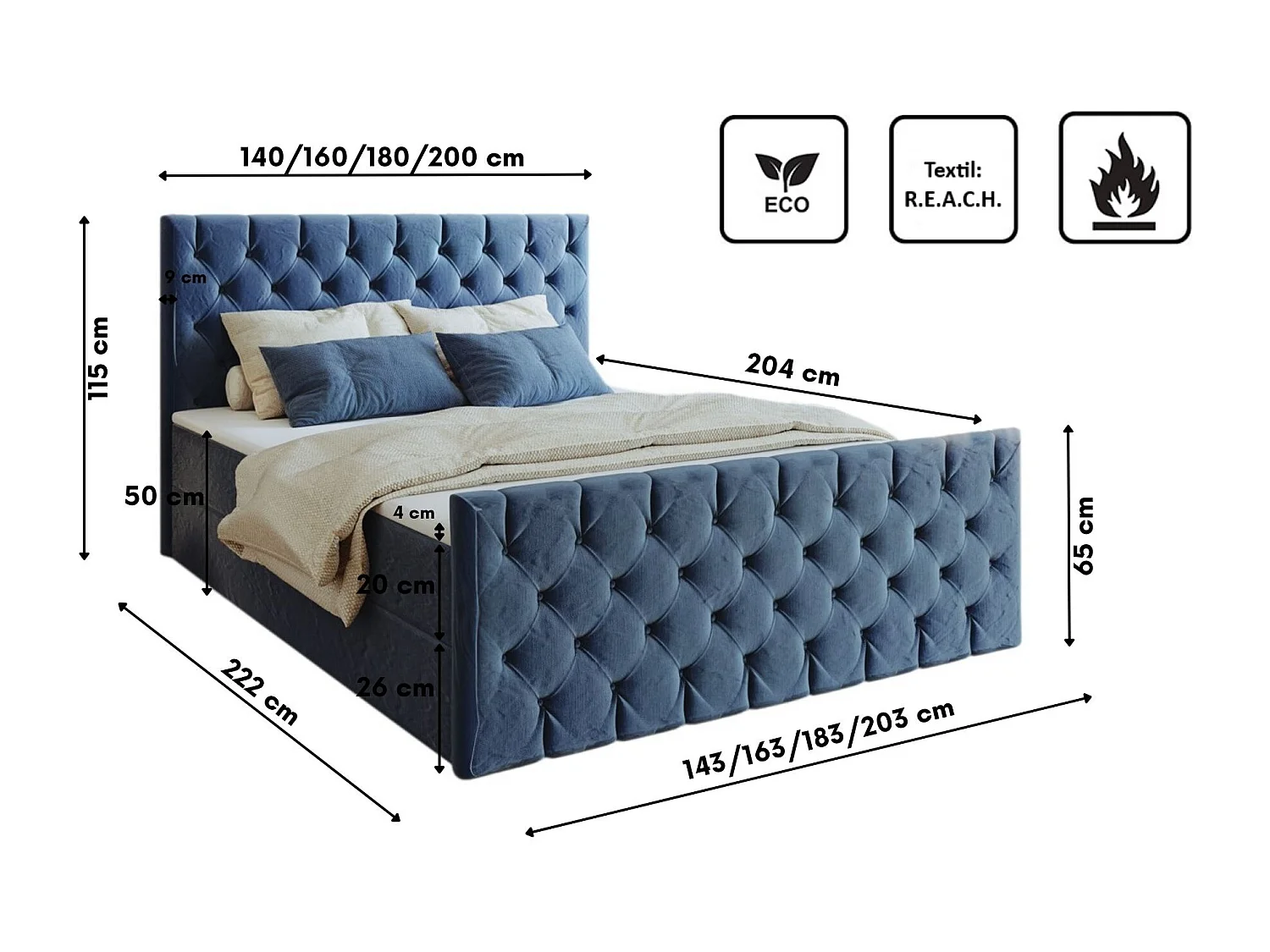 Lit continental Mars avec sommier tissu Riviera Blue 140x200 cm