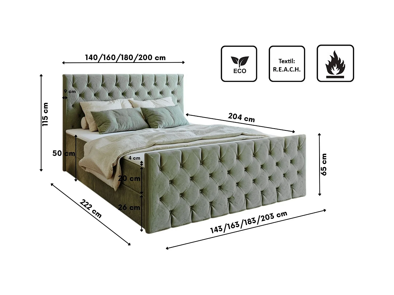 Lit continental Mars avec sommier tissu Riviera Mint 160x200 cm