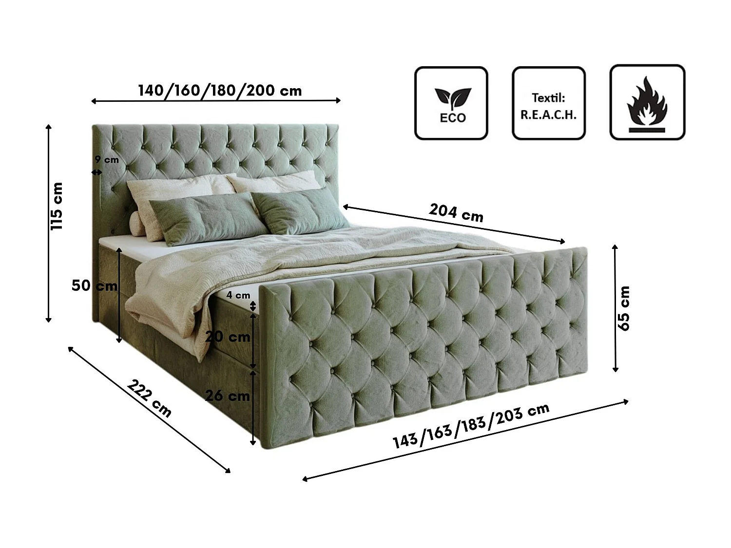 Lit continental Mars avec sommier tissu Riviera Mint 160x200 cm