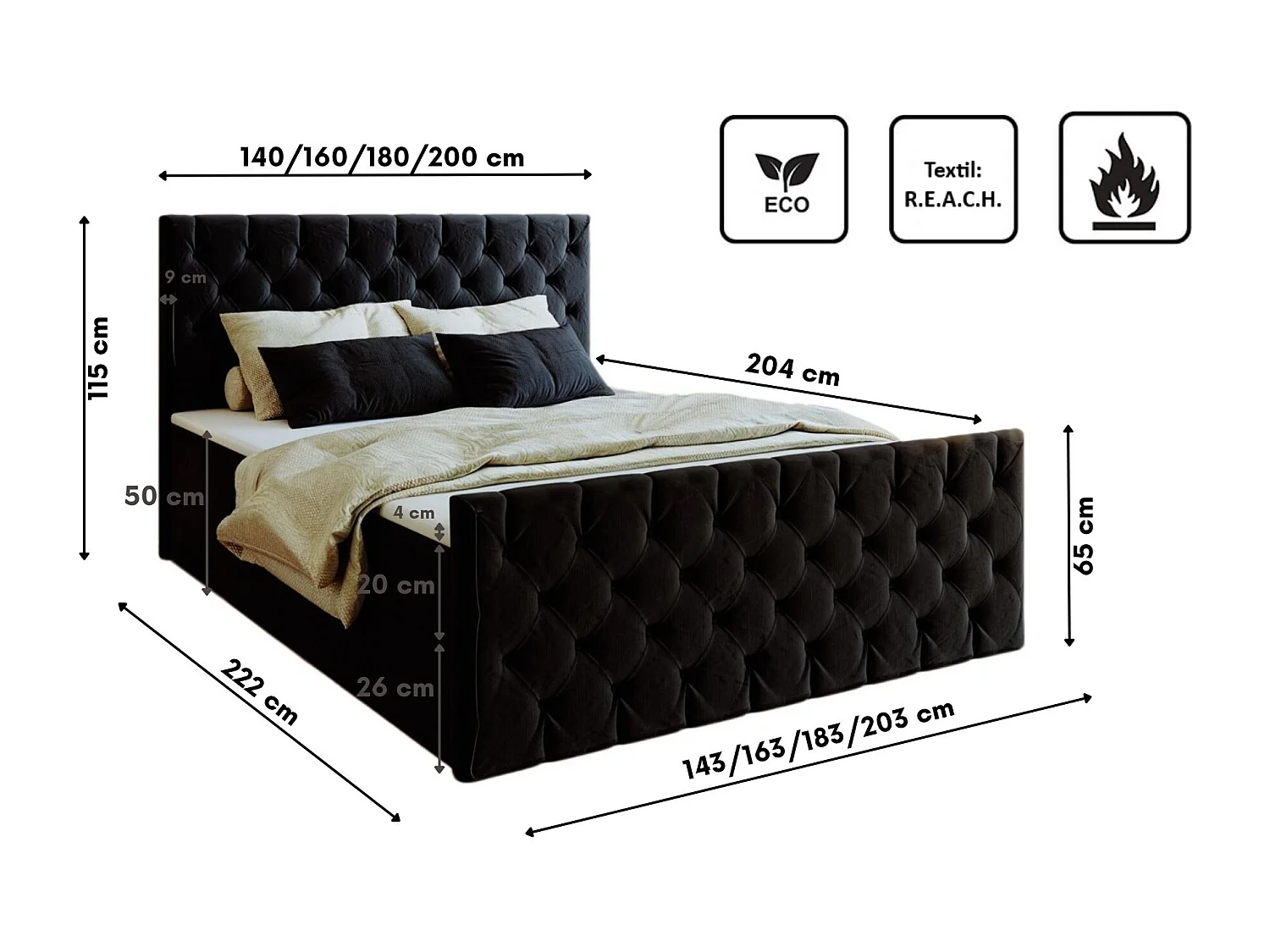 Lit continental Mars avec sommier tissu Riviera Noir 180x200 cm