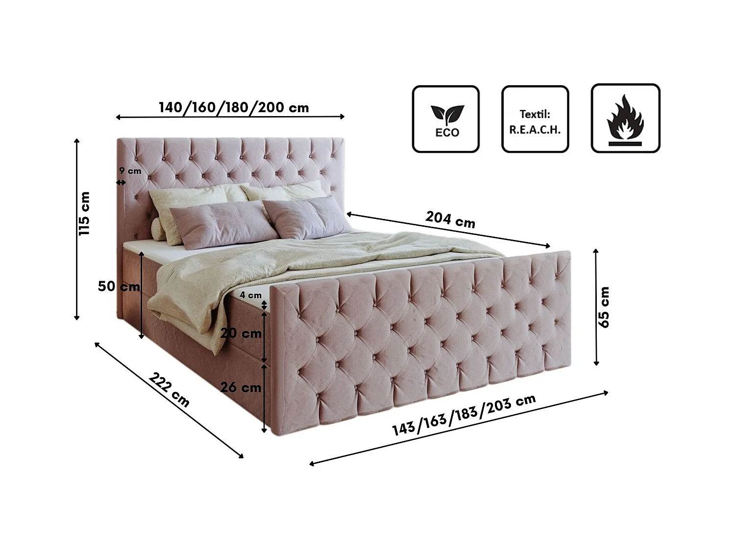 Lit continental Mars avec sommier tissu Riviera Lilas 140x200 cm