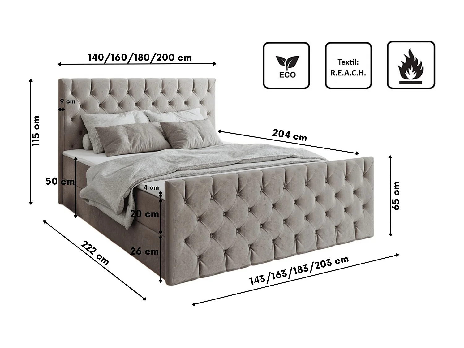 Lit continental Mars avec sommier tissu Riviera Beige 140x200 cm