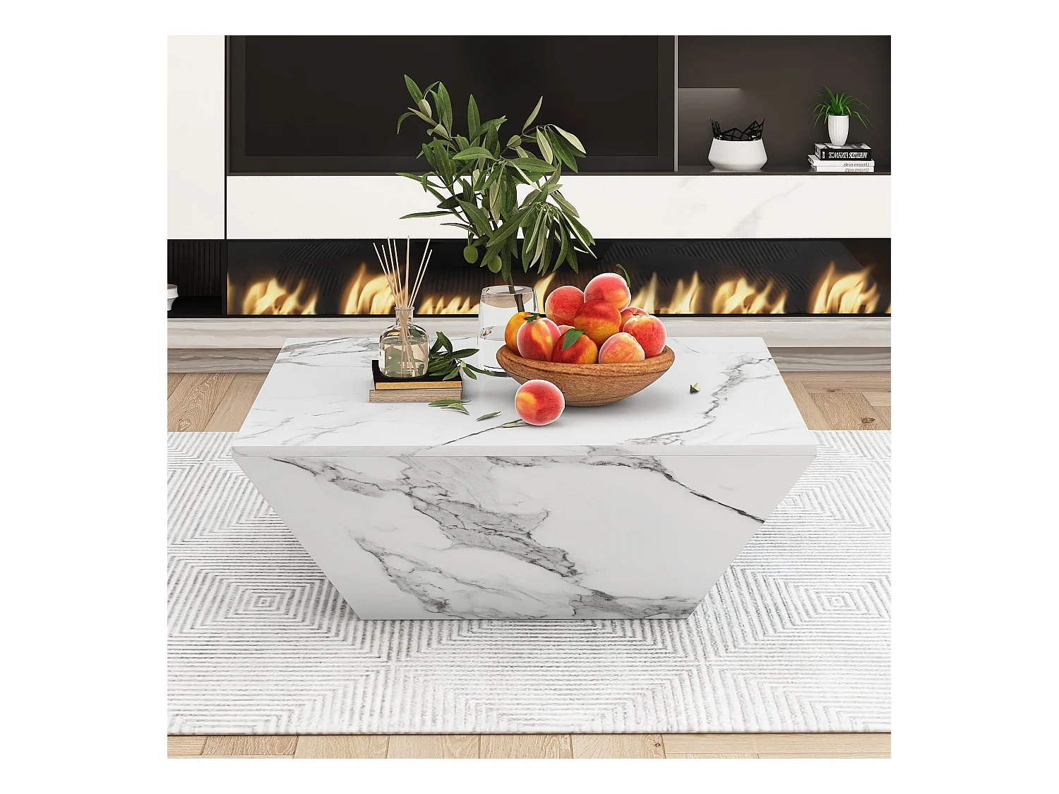 Table basse tambour, table basse trapézoïdale en placage de marbre blanc, table de salon
