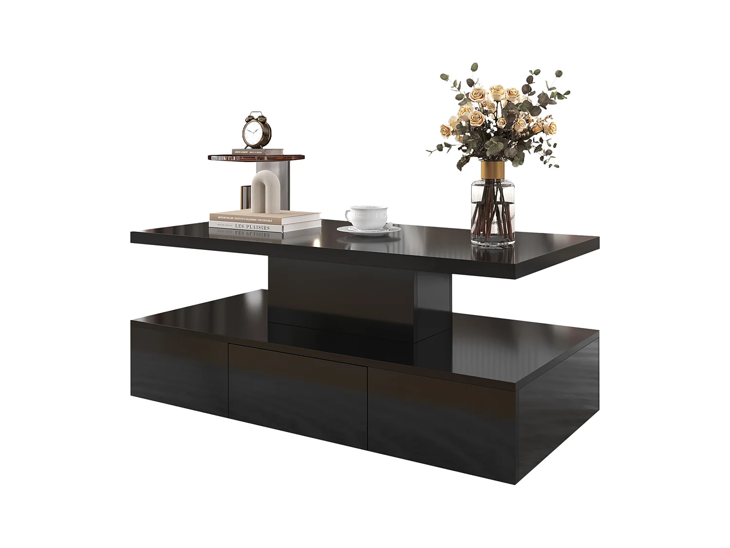 Couchtisch, Tisch mit Schubladen,Hochglanzlackierung, Beistelltisch mit zwei Ablageebenen