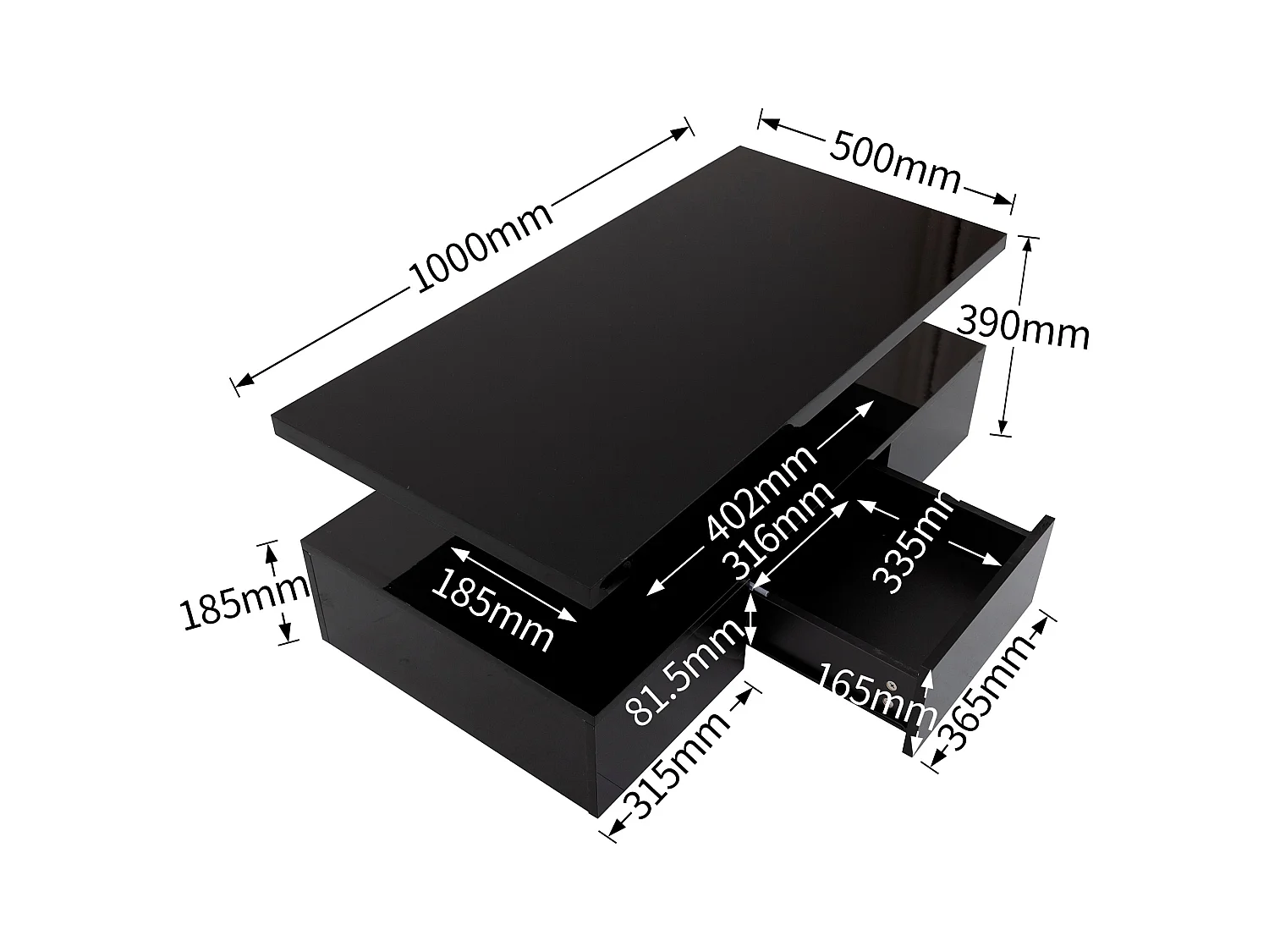 Couchtisch, Tisch mit Schubladen,Hochglanzlackierung, Beistelltisch mit zwei Ablageebenen