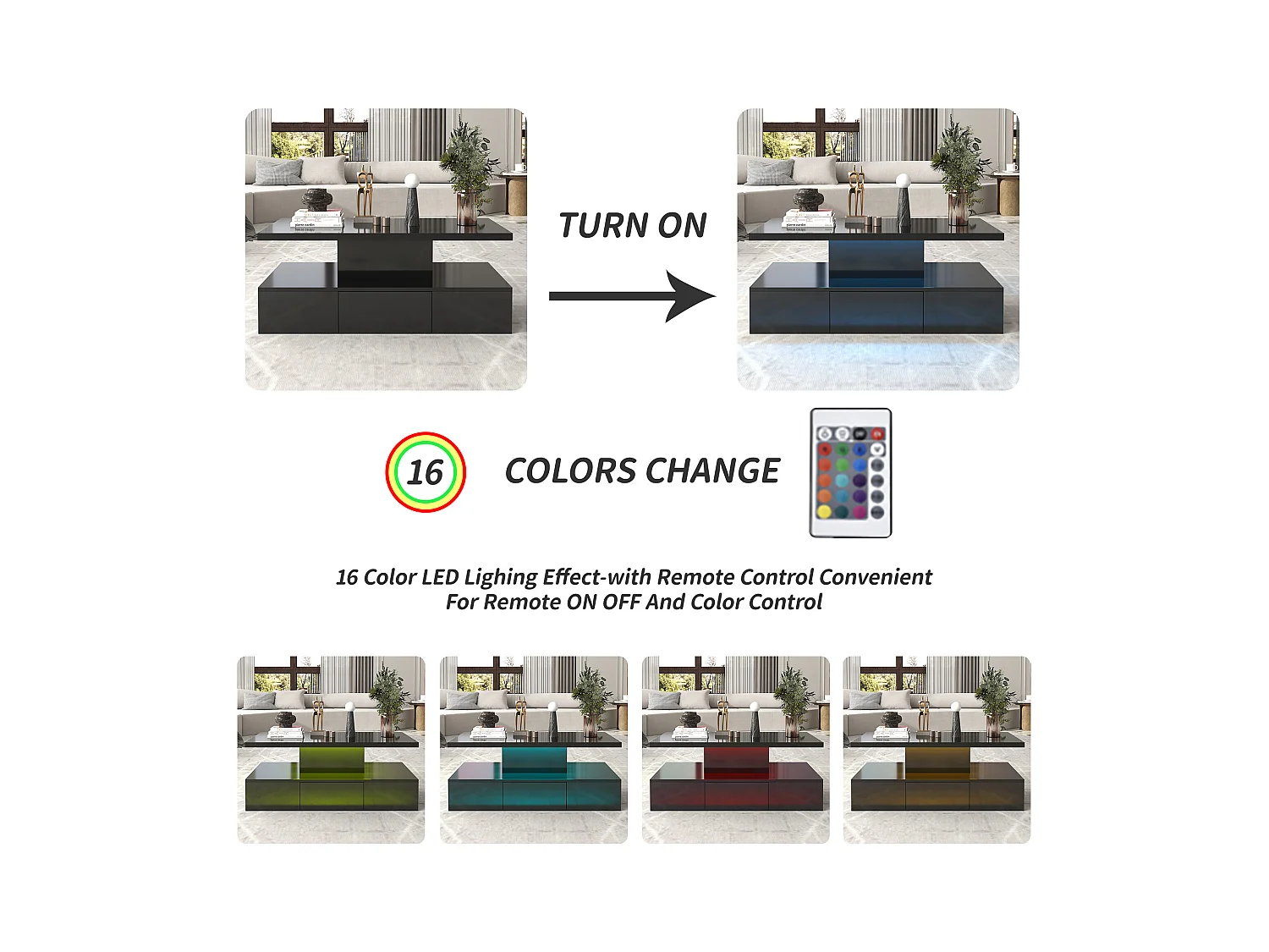 Couchtisch, Tisch mit Schubladen,Hochglanzlackierung, Beistelltisch mit zwei Ablageebenen