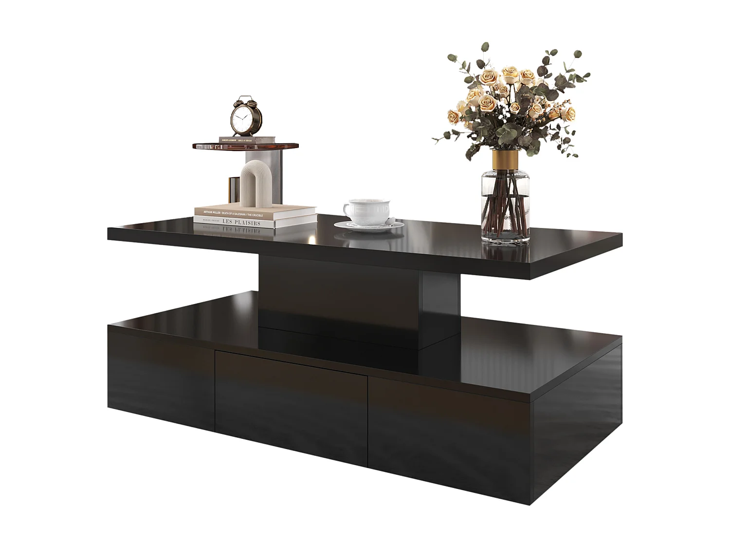 Table basse, table avec tiroirs,table d'appoint avec deux niveaux de rangement.Avec LED