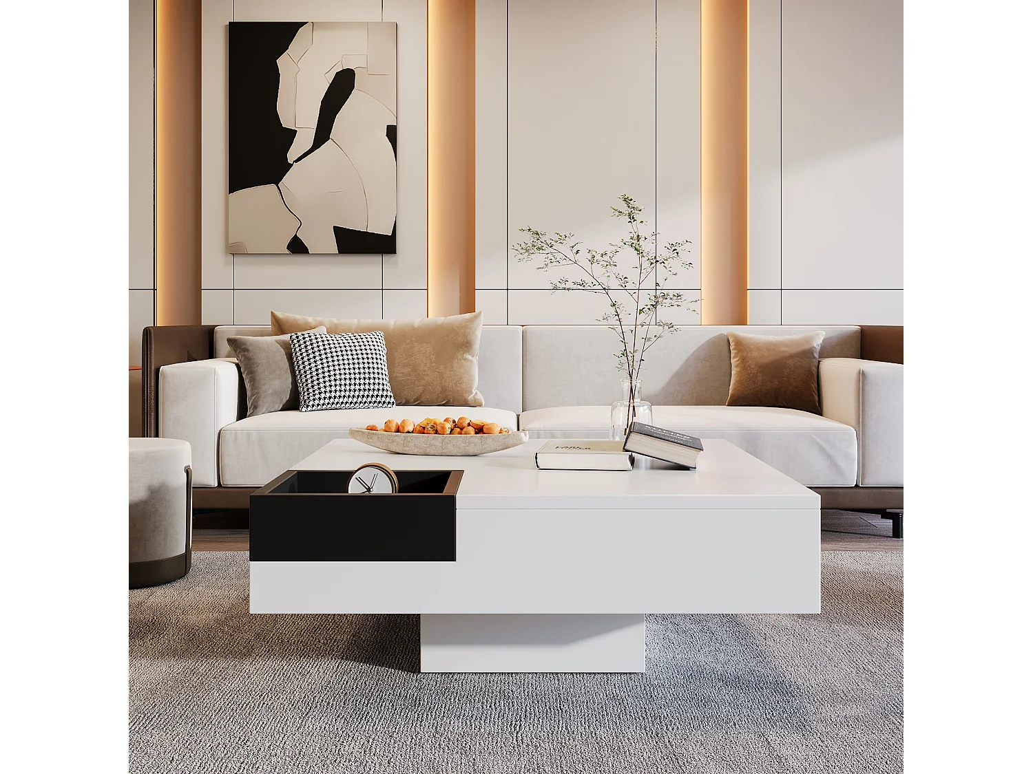 Conjunto de 2 mesas de apoio modernas, MDF com efeito mármore, aço tubular preto e branco brilhante