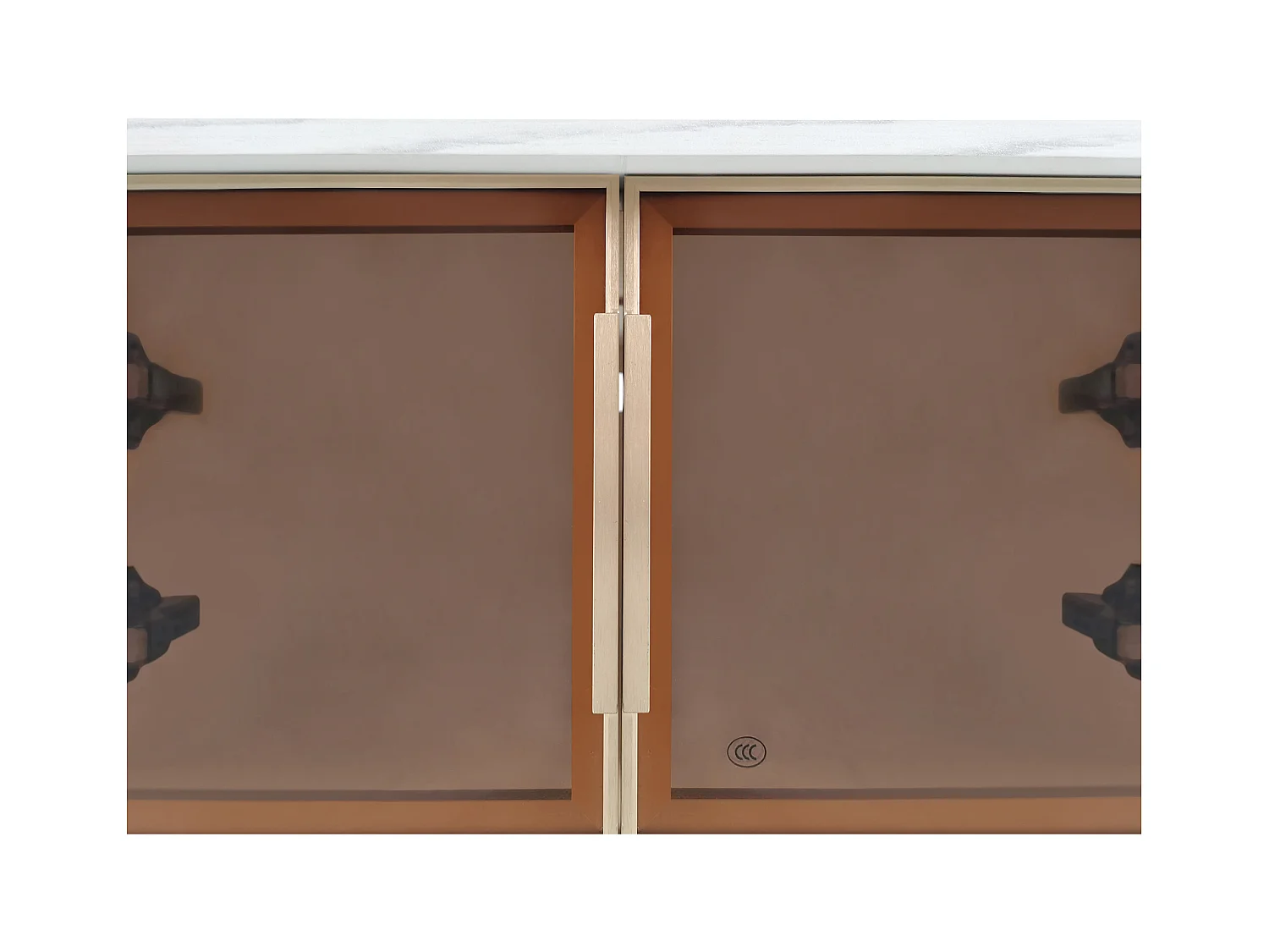 Salontafel met gehard glazen deur, lades met golfstructuur, gouden handgrepen en poten