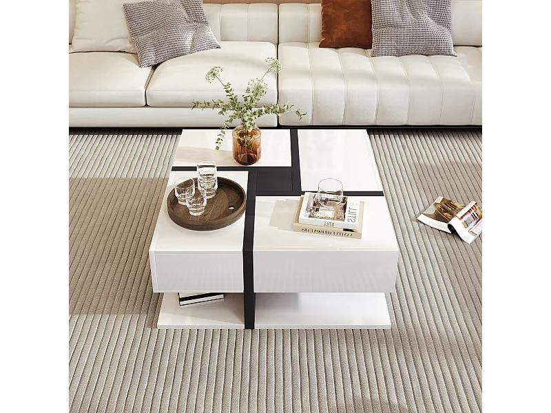 Table basse haute brillance, table avec 4 tiroirs, espace de rangement en bas.78*78*36cm