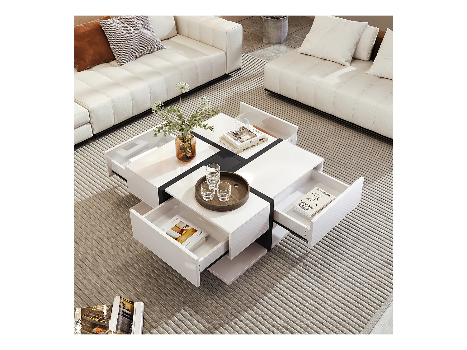 Hoogglans salontafel, tafel met 4 lades, opbergruimte eronder. 78 x 78 x 36 cm