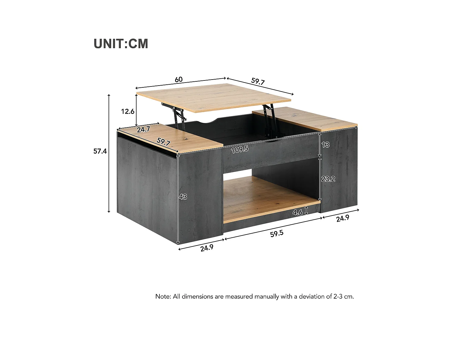 Mesa de centro com função de elevação - 109 cm, espaço de arrumação sob o tampo