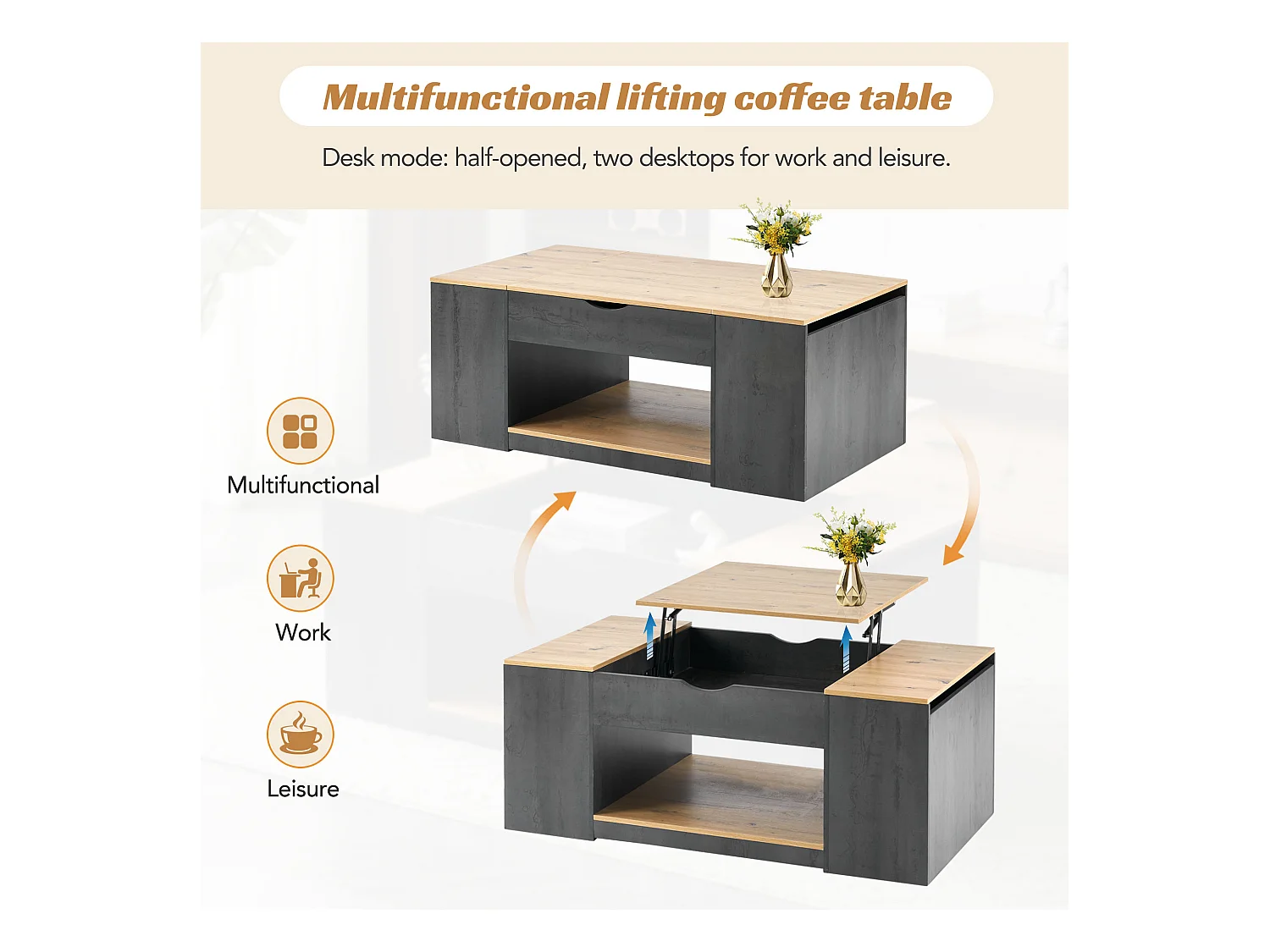 Table basse avec fonction relevable - 109 cm, espace de rangement sous le plateau