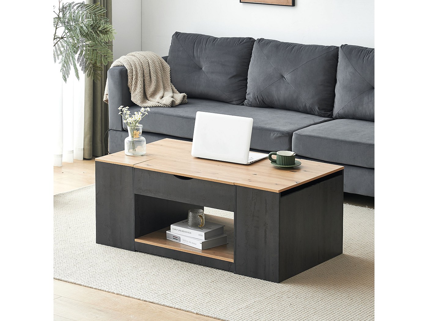 Table basse relevable avec étagère - 109.5x59.7x43 cm - bois MDF - Gris + marron