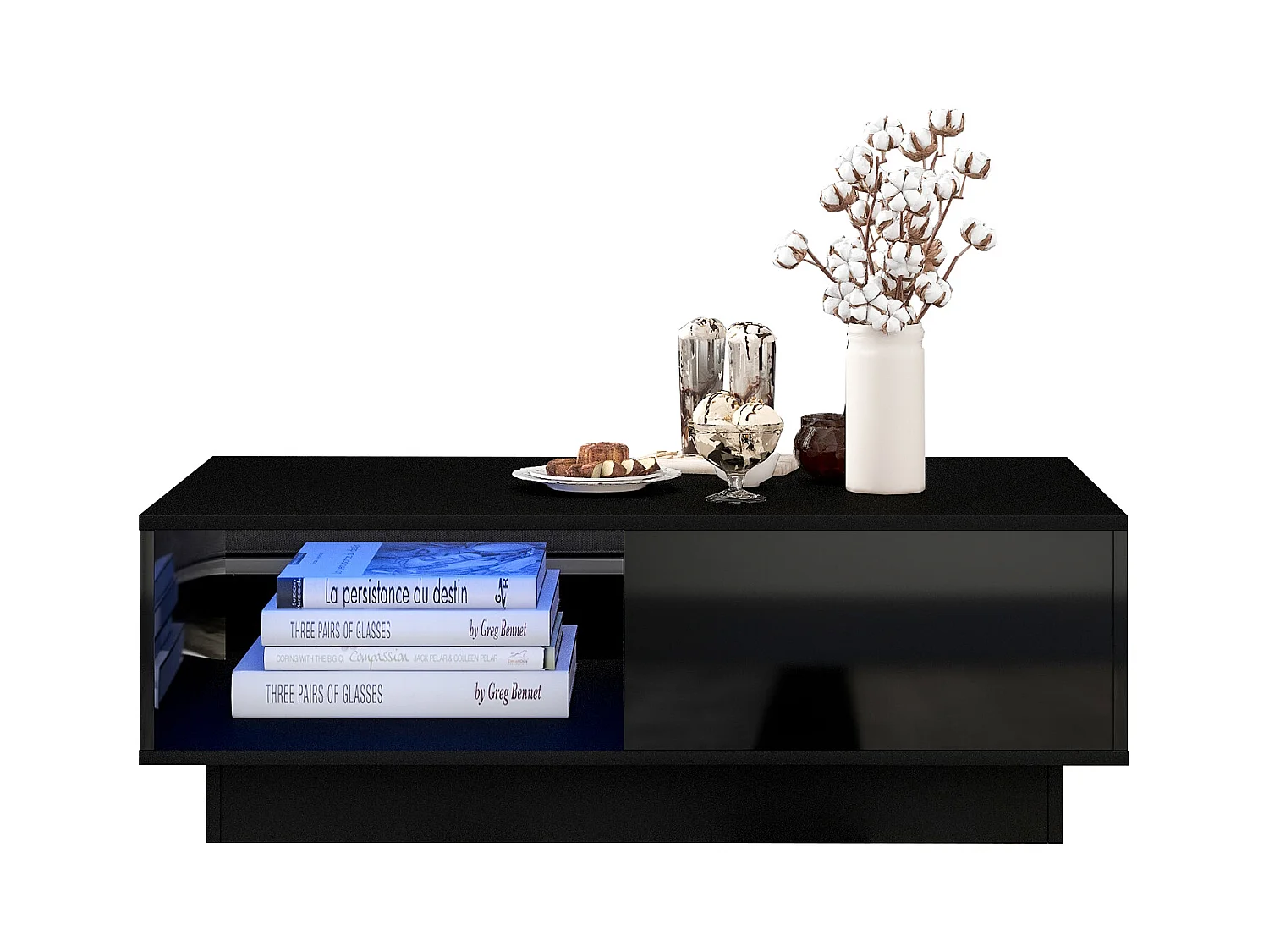 Mesa de centro, mesa de sofá com acabamento brilhante, mesa de sala de estar retangular branca com luzes LED