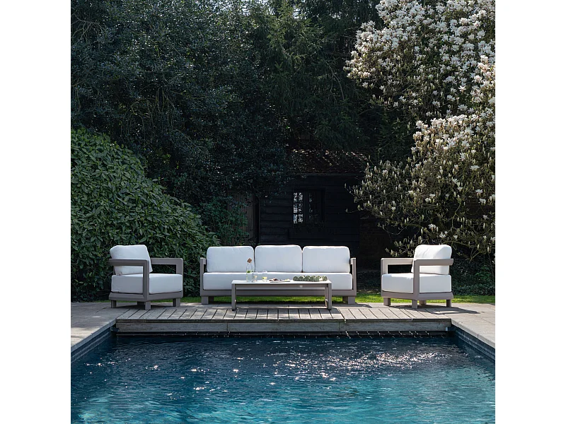 Salon bas 5p en aluminium Taupe et plateau en pierre Ivoire CALAROSSA