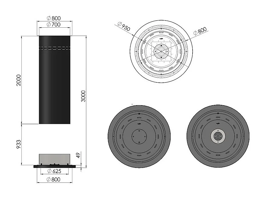 Cheminée bioéthanol ronde autoportante - Cheminée bioéthanol au sol noire avec conduit de fumée de 95 cm de diamètre
