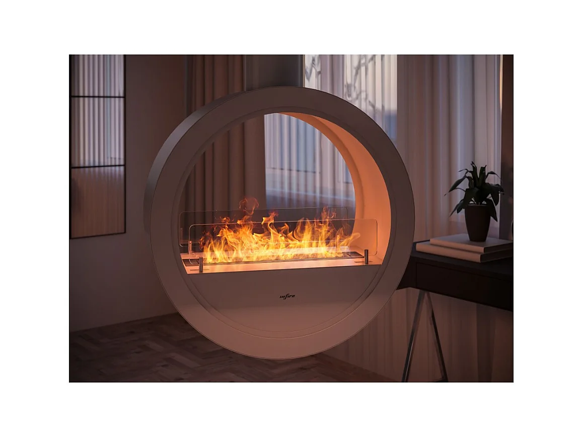 Cheminée bioéthanol suspendue Incyrcle Slim 2Side - Design rond avec double façade ouverte d.70 cm Blanc