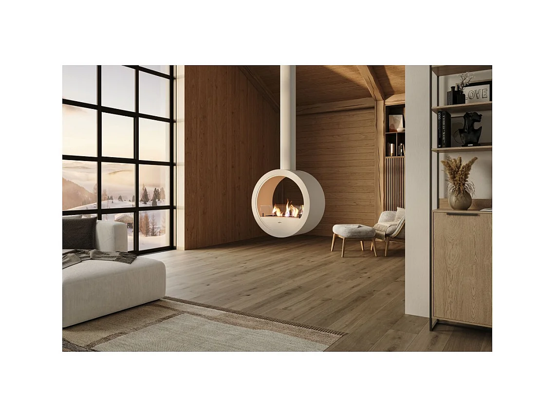 Cheminée bioéthanol suspendue Incyrcle Slim 2Side - Design rond avec double façade ouverte d.70 cm Blanc