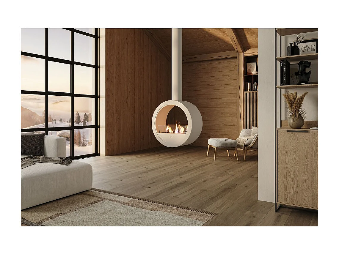 Camino a Bioetanolo sospeso da soffitto Incyrcle Slim 2Side - Biocamino rotondo di design con doppia facciata aperta d.70cm Bianco