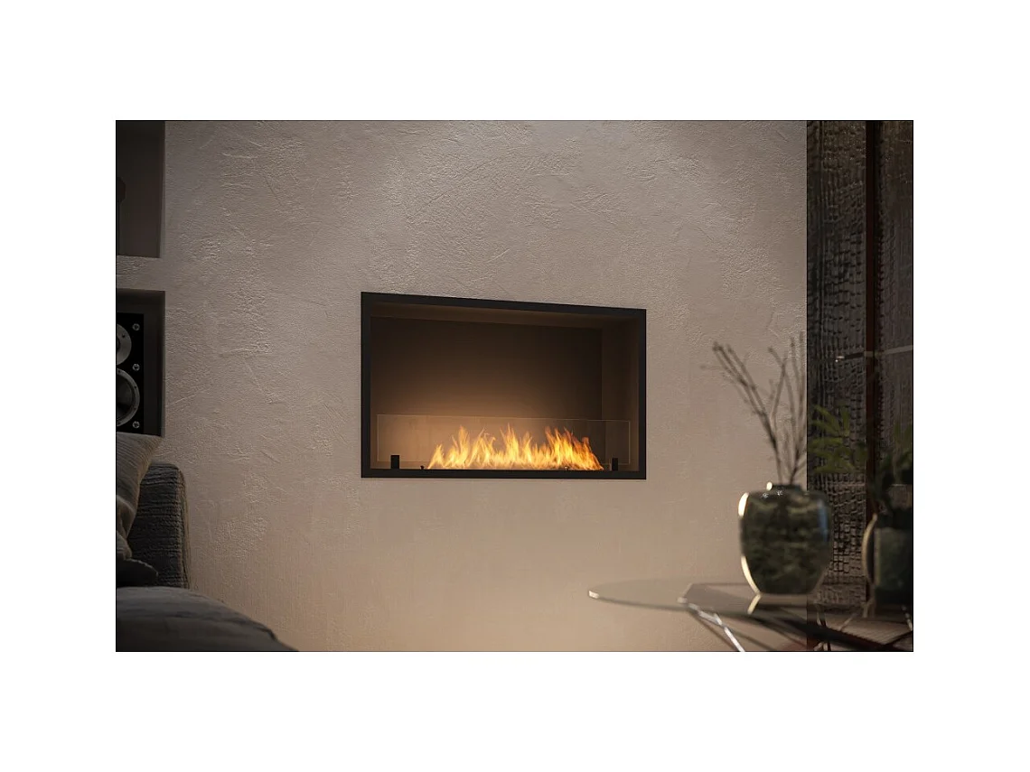 Cheminée bioéthanol encastrable Inside Black 800 - Noir mat, avec vitre, brûleur 1 L, design moderne