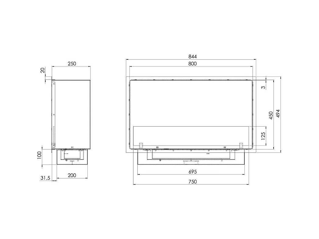 Cheminée bioéthanol encastrable Inside Black 800 - Noir mat, avec vitre, brûleur 1 L, design moderne