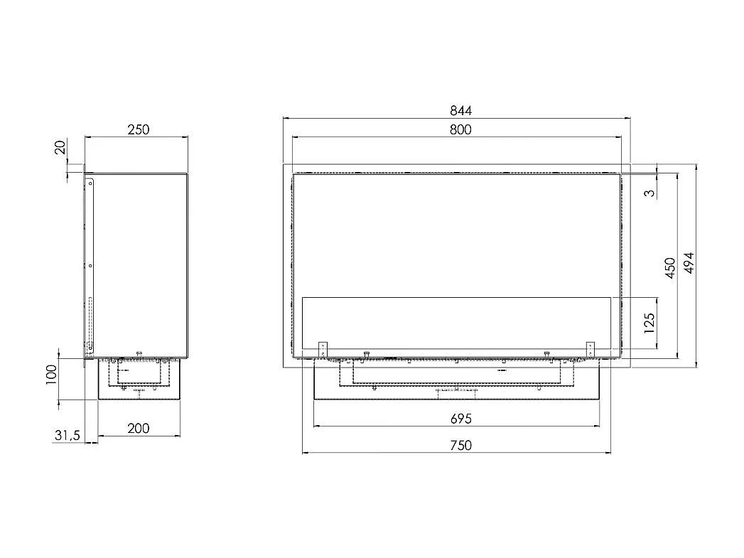Sololed -  Inside Black 800 Einbau-Bioethanol-Kamin - Mattschwarz, mit Glas, 1-Liter-Brenner, modernes Design