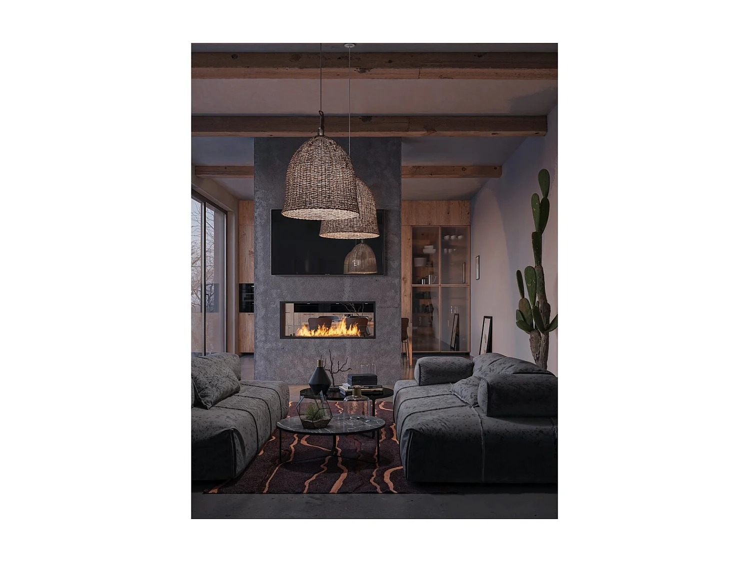 Lareira a Bioetanol 2 Lados 1200 Slim Embutida com Duas Frentes - Preto Fosco, com Vidro, Queimador de 4L, Design Moderno