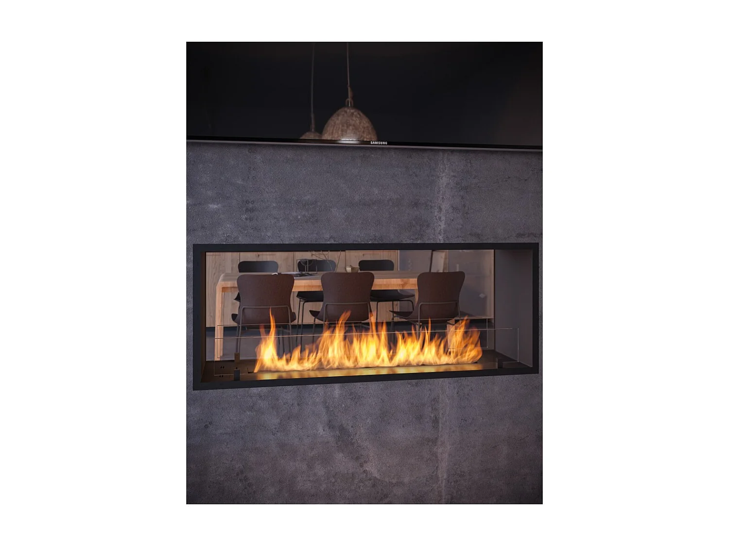 Lareira a Bioetanol 2 Lados 1200 Slim Embutida com Duas Frentes - Preto Fosco, com Vidro, Queimador de 4L, Design Moderno