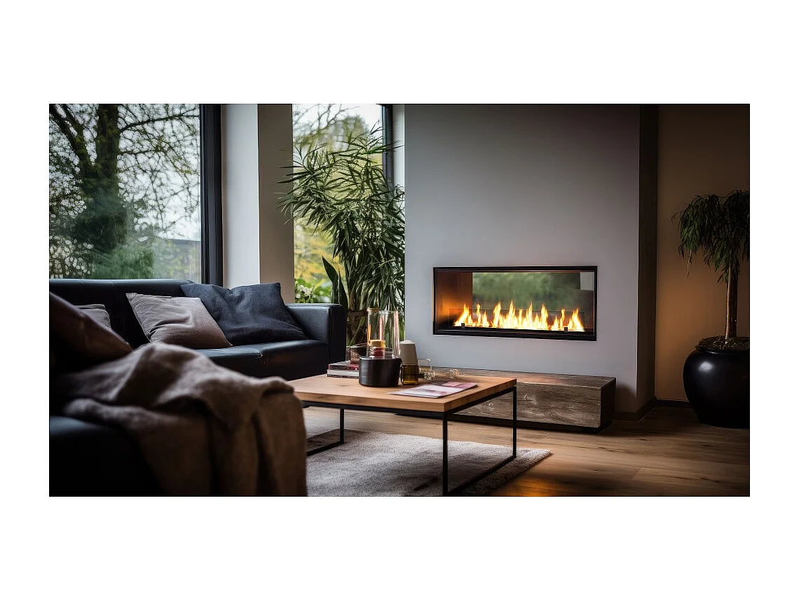 Lareira a Bioetanol 2 Lados 1200 Slim Embutida com Duas Frentes - Preto Fosco, com Vidro, Queimador de 4L, Design Moderno