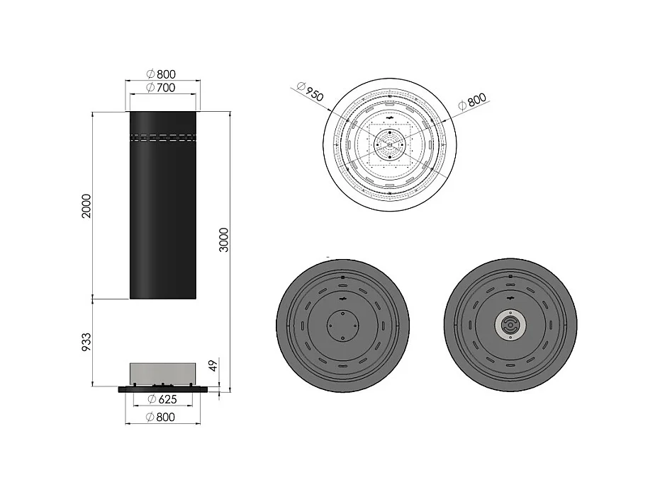 Cheminée bioéthanol ronde autoportante - Cheminée bioéthanol au sol noire avec conduit de fumée de 95 cm de diamètre