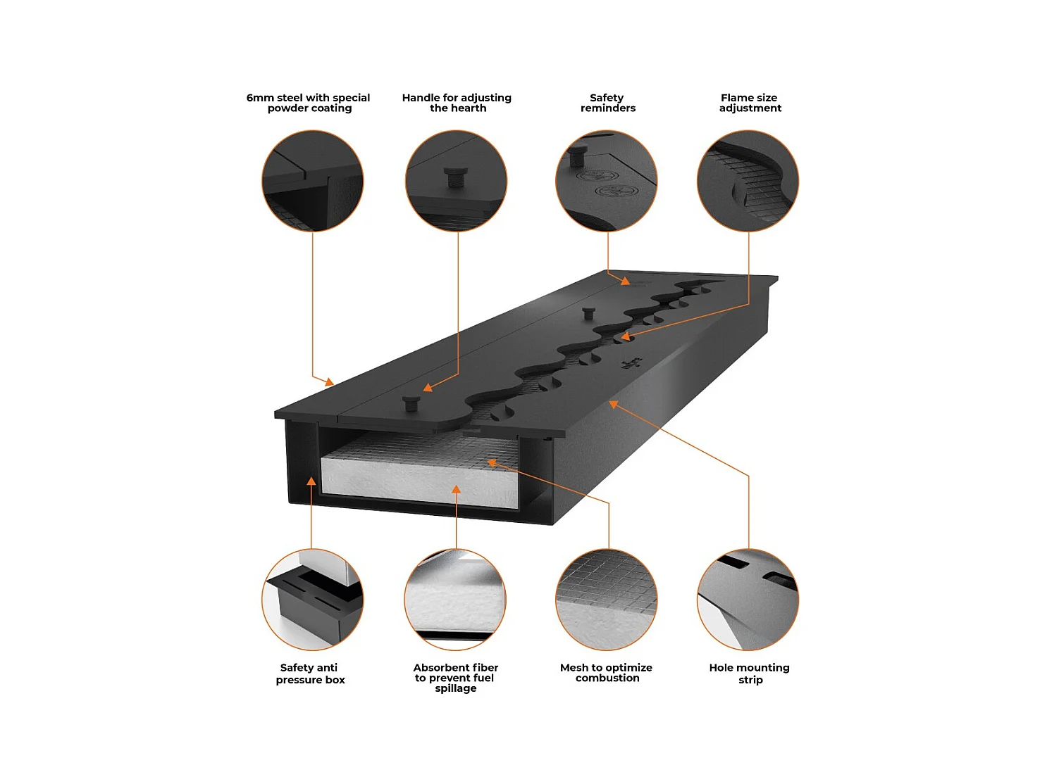 Cheminée bioéthanol encastrable Inside Black 2000 - Noir mat, avec vitre, brûleur 6 L, design moderne