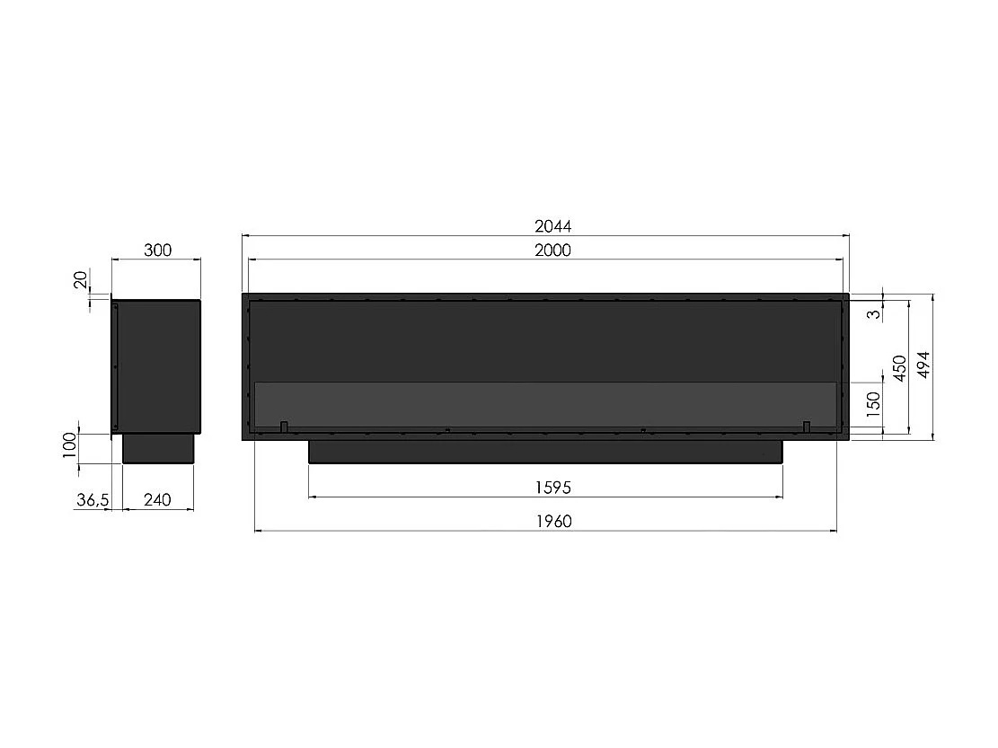 Lareira embutida a bioetanol Inside Black 2000 - Preto fosco, com vidro, queimador de 6 L, design moderno