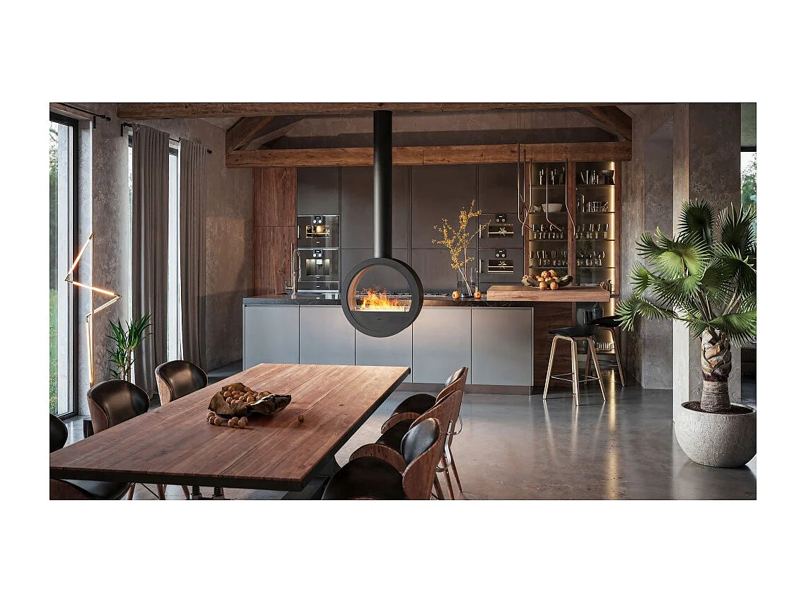 Cheminée bioéthanol suspendue Incyrcle Slim 2Side - Cheminée bioéthanol design ronde à double façade ouverte d.70cm