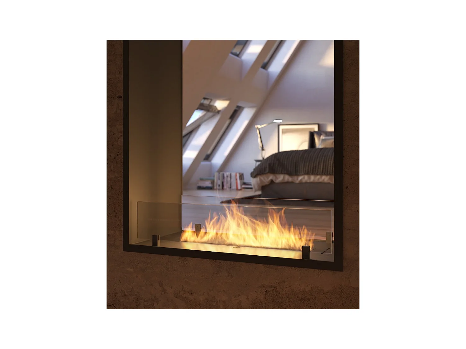 Cheminée bioéthanol 2Side 1400 Slim Vert encastrable à deux façades - Noir mat, avec vitre, brûleur 1,2 L, design moderne