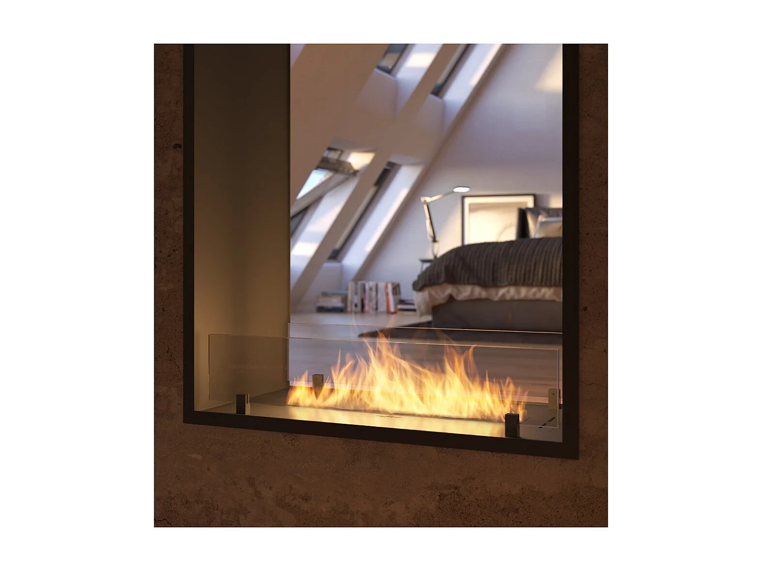 Lareira a Bioetanol 2 Lados 1400 Slim Vert Embutida com Duas Frentes - Preto Fosco, com Vidro, Queimador de 1,2L, Design Moderno