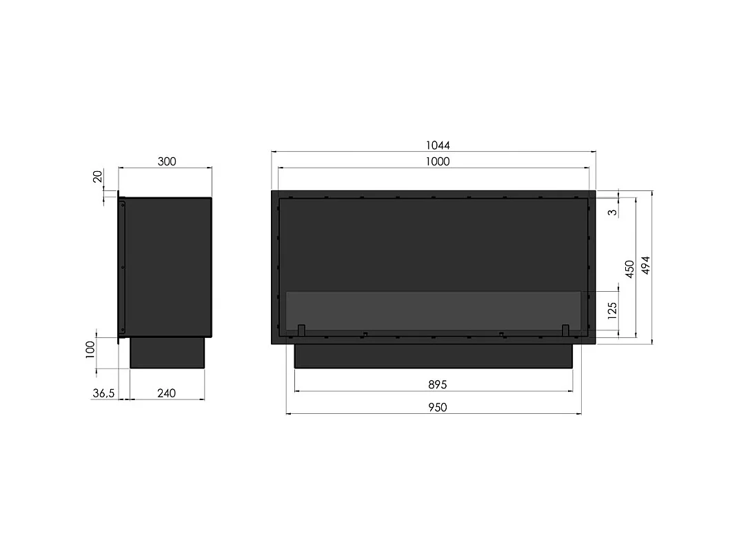 Cheminée bioéthanol encastrable Inside Black 1000 - Noir mat, avec vitre, brûleur 3 L, design moderne