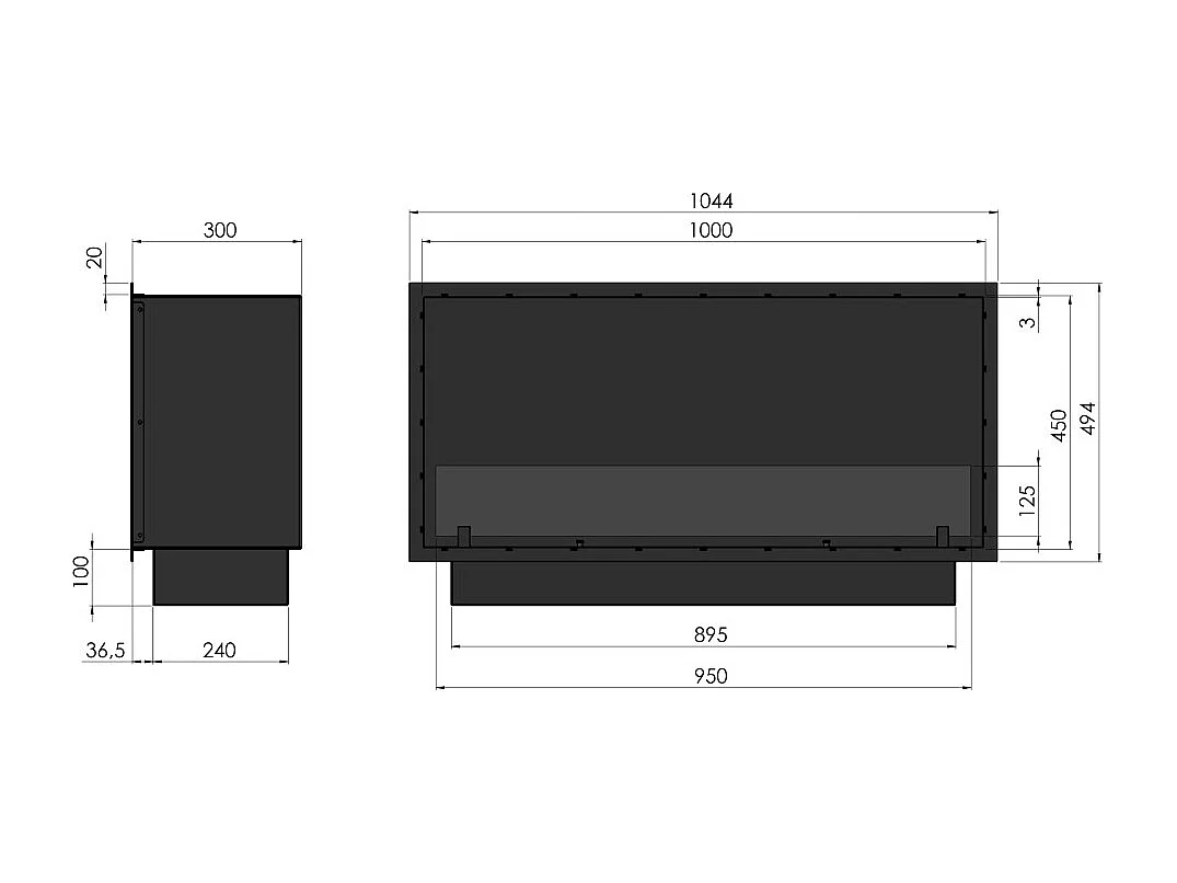 Sololed -  Inside Black 1000 Einbau-Bioethanol-Kamin - Mattschwarz, mit Glas, 3-Liter-Brenner, modernes Design
