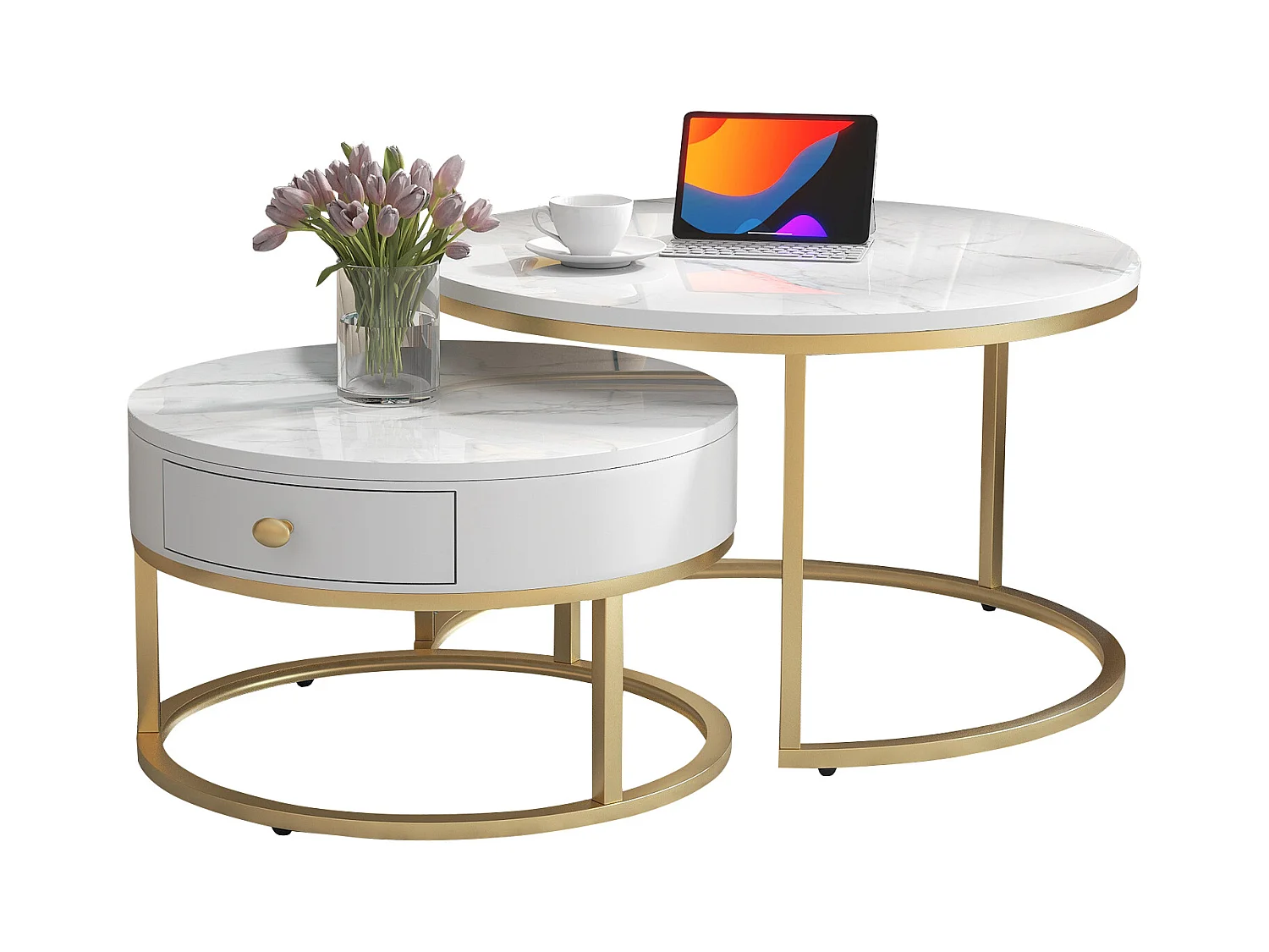 Table basse nidiquée moderne-motif de marbre brillant 2er Tableaux basses rondes, blanc