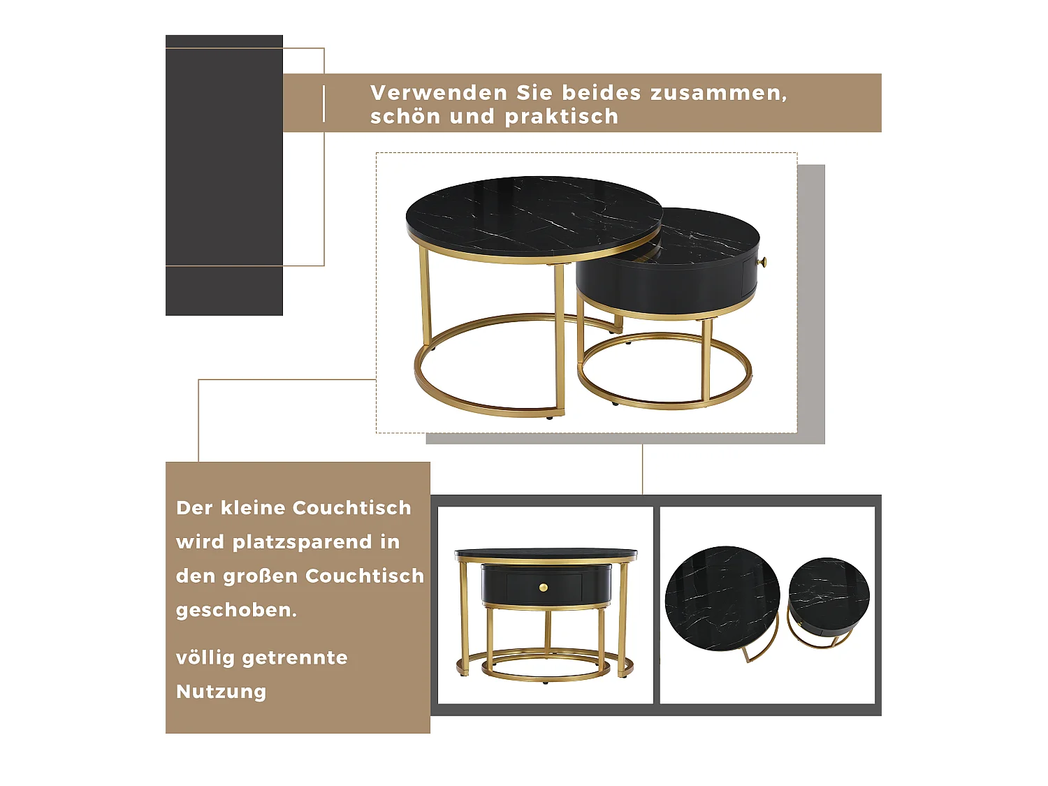 Table basse nidiquée moderne-motif de marbre brillant 2er Tableaux basses rondes,noir