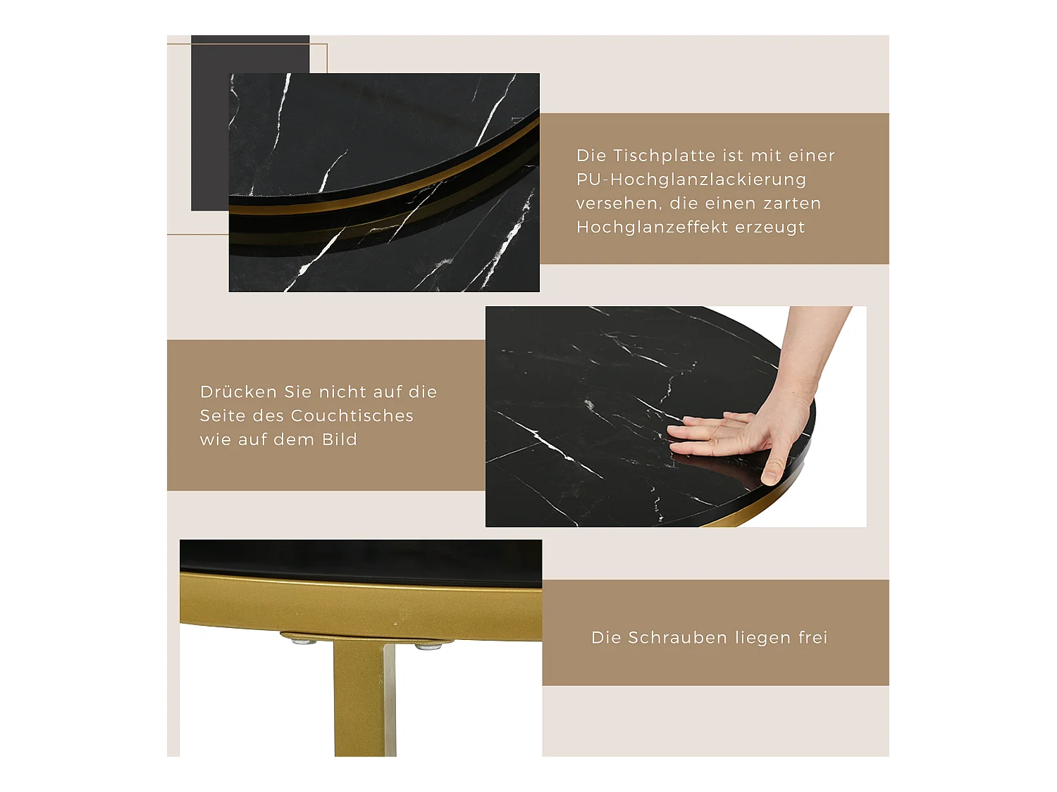 Table basse nidiquée moderne-motif de marbre brillant 2er Tableaux basses rondes,noir