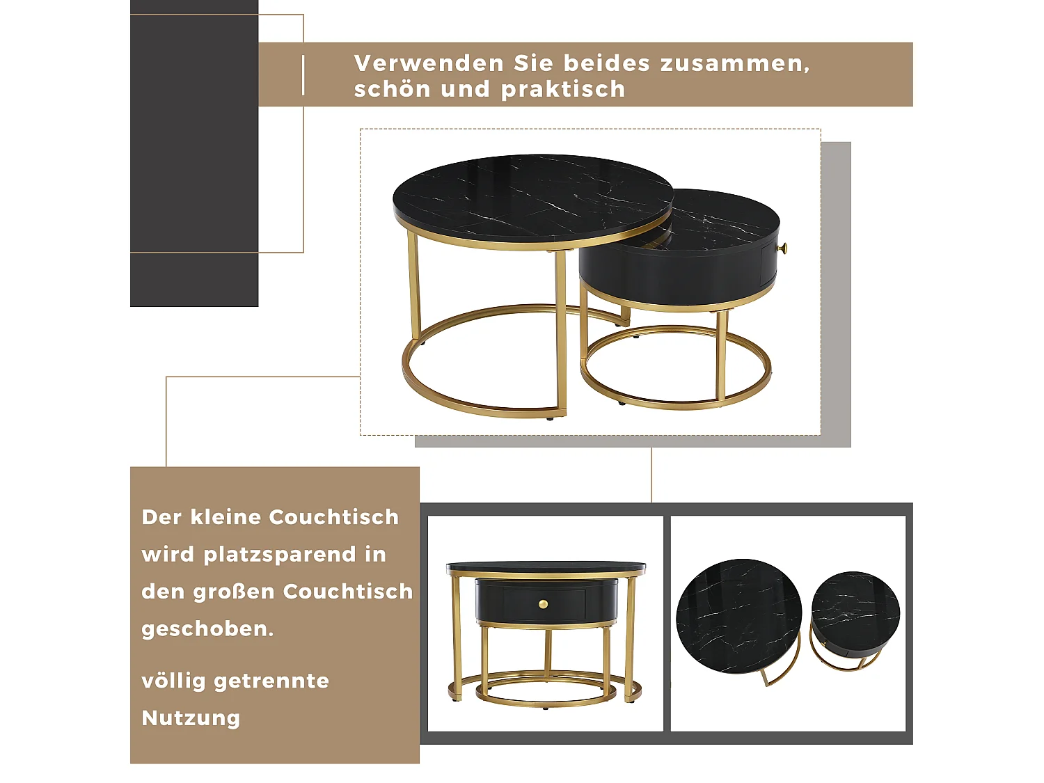 Table basse nidiquée moderne-motif de marbre brillant 2er Tableaux basses rondes,noir