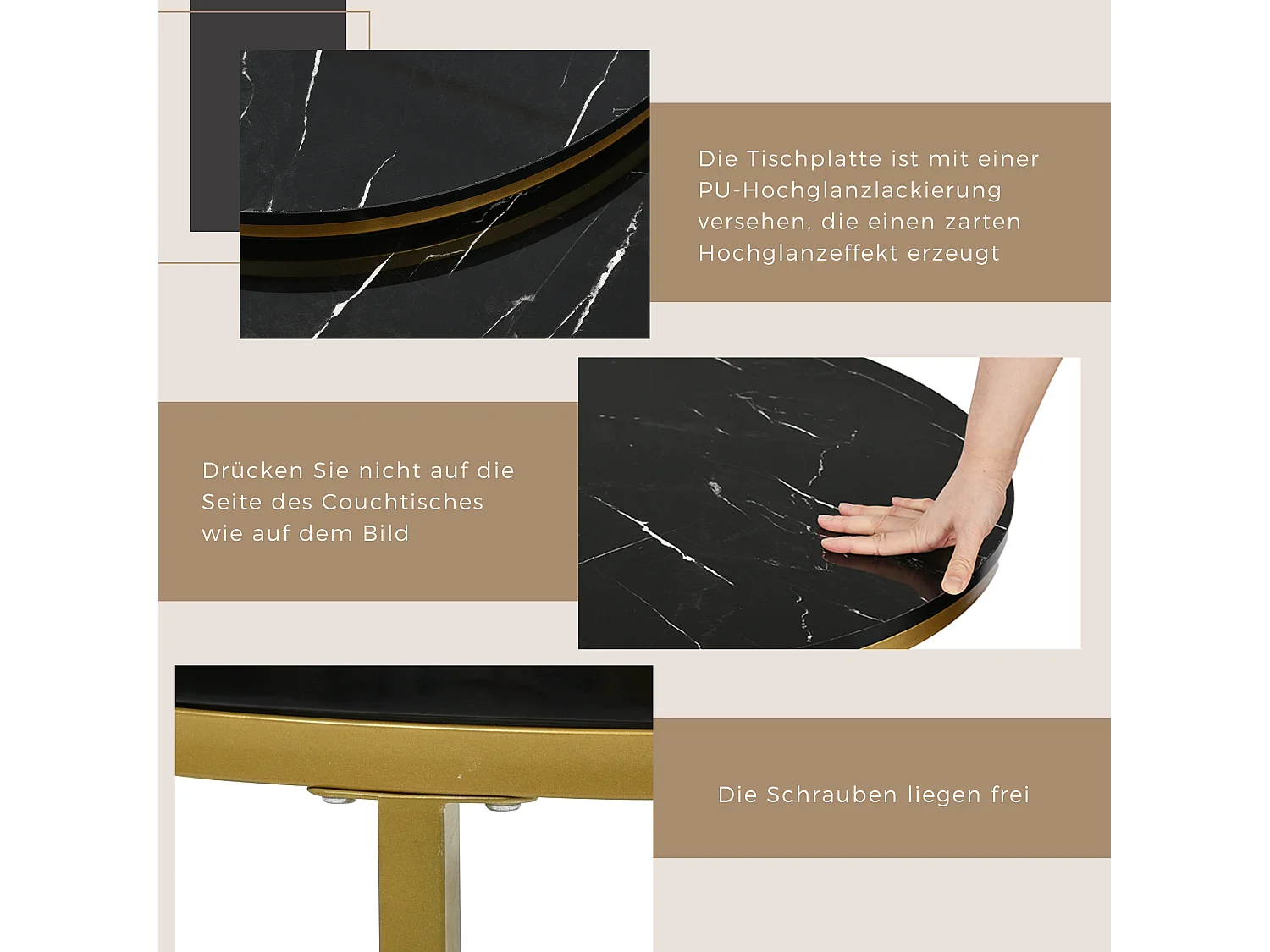 Table basse nidiquée moderne-motif de marbre brillant 2er Tableaux basses rondes,noir